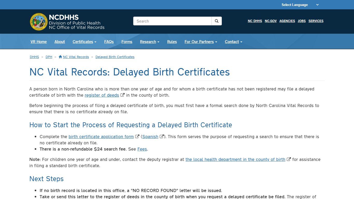 NCDHHS: DPH: NC Vital Records: Delayed Birth Certificates